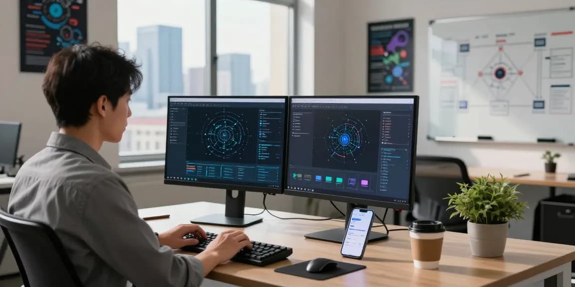 快连 network optimization scene with a professional using dual monitors in a modern tech office.