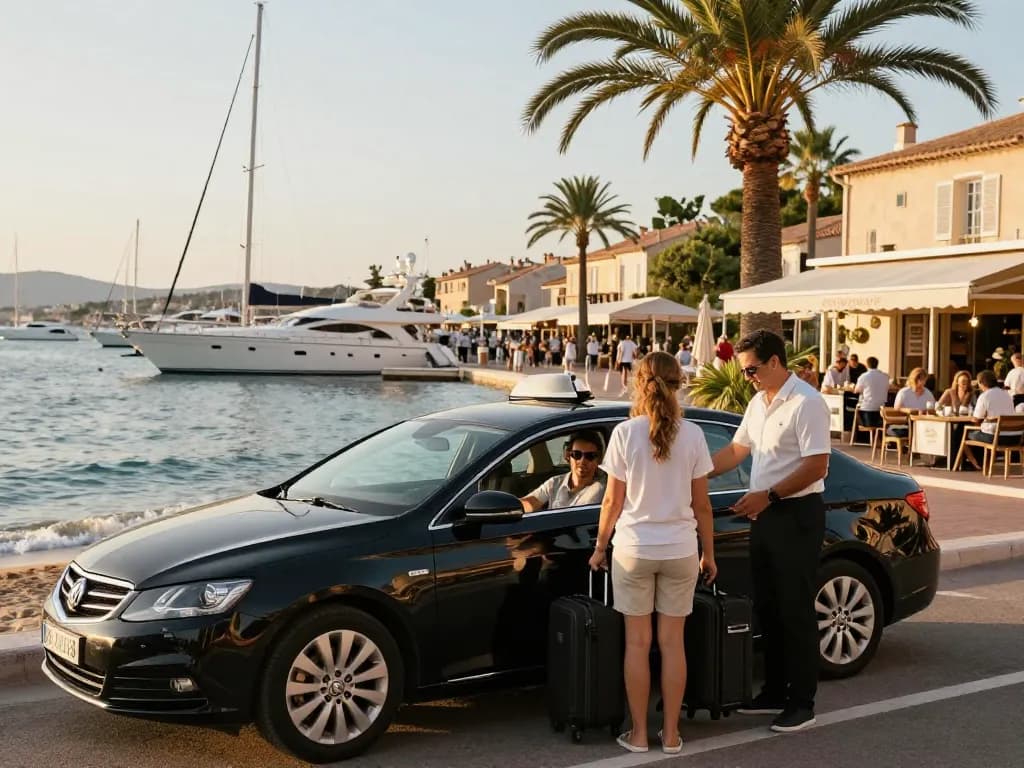 Service de Taxi Saint Tropez à une marina luxueuse avec un chauffeur professionnel aidant les voyageurs.