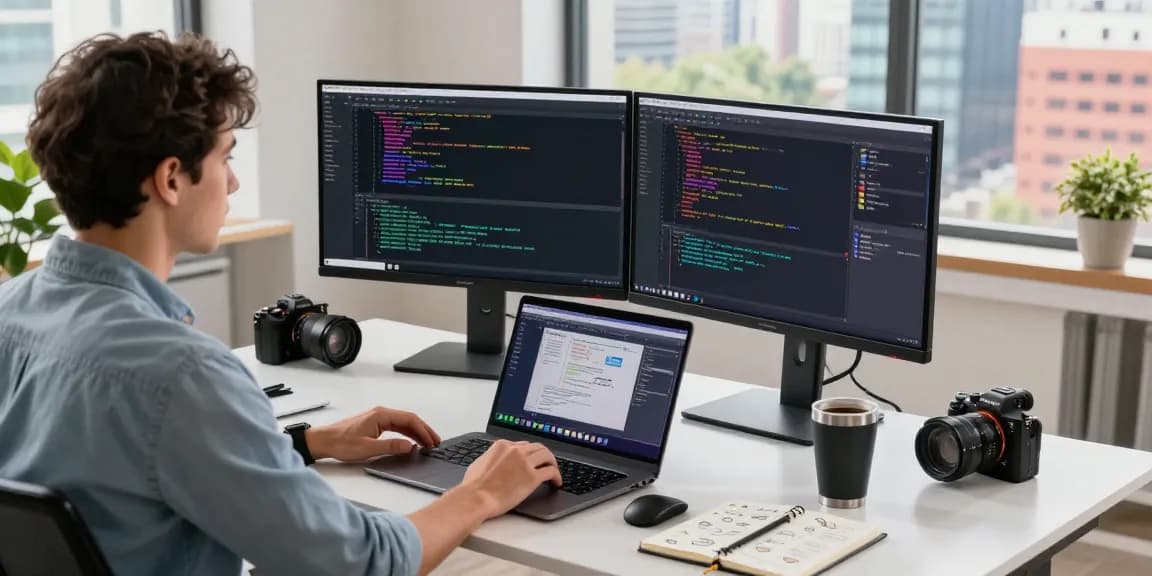 Innovative tech workspace at teiegramin.com showcasing a developer coding with dual monitors.