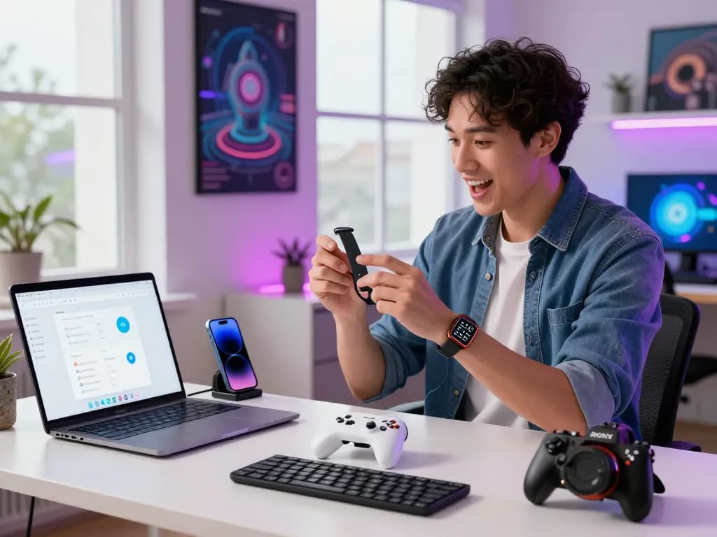 Showcase of the latest tech gadgets 2029 in a modern workspace with a professional testing Bluetooth devices and vibrant tech décor.