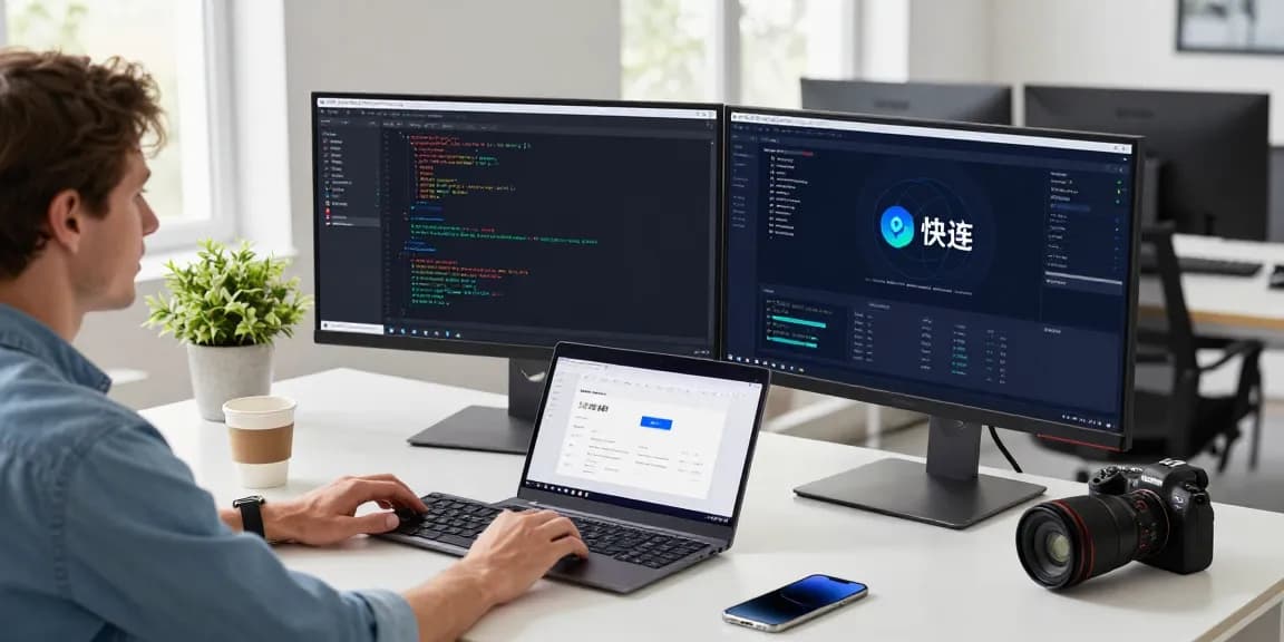 Developer using 快连 software in a modern workspace with dual monitors and vibrant tech environment.