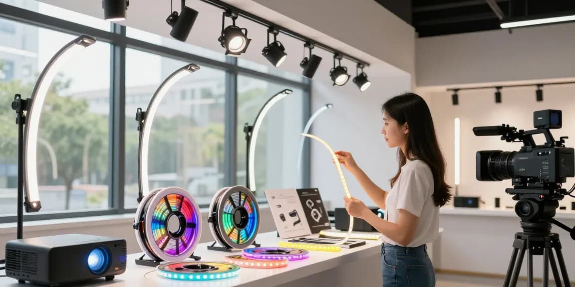Aplica LED flexibilă expusă într-un showroom luminat, evidențiind inovația în tehnologia de iluminat.