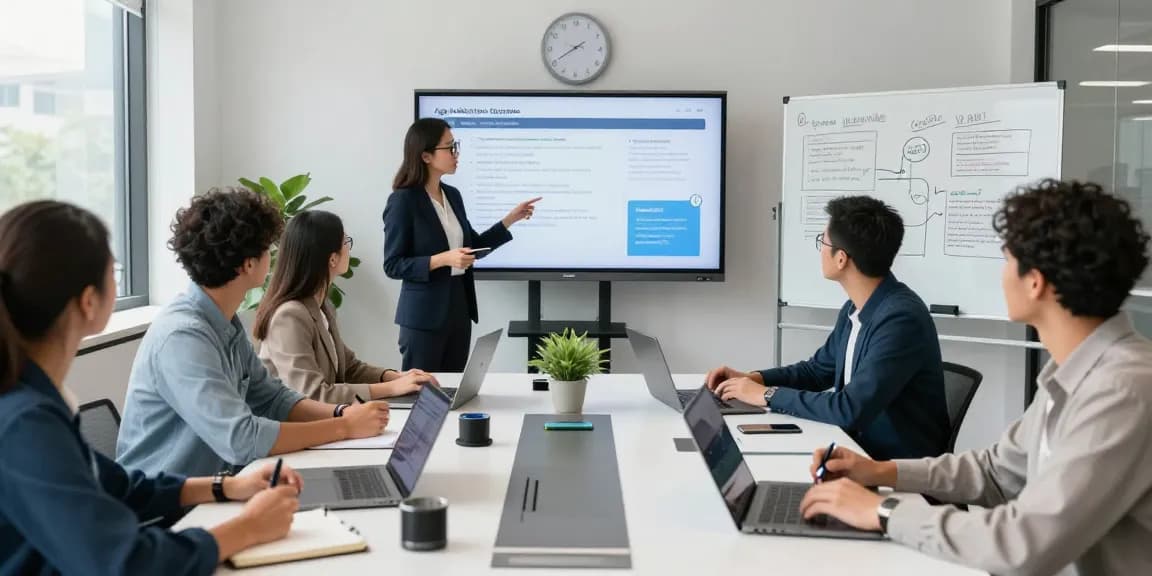 Team discussing age verification system in a modern office, showcasing collaboration and professional engagement.