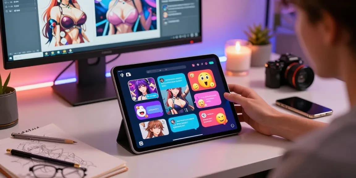 Engaging in ai hentai chat on a tablet with vibrant characters and modern home office setup.