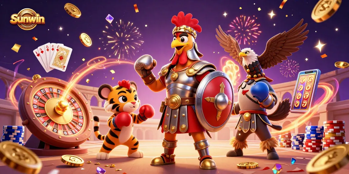 Sunwin offers thrilling casino excitement with a dynamic illustration of a rooster gladiator in action.