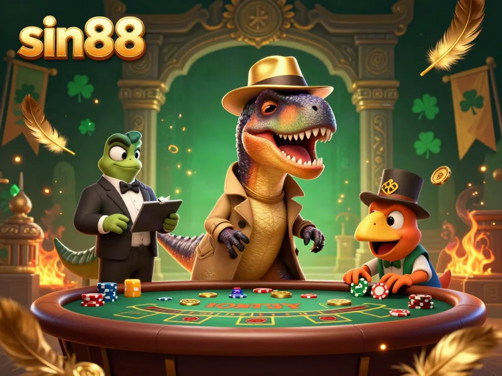 Experience thrilling bets at sin88 with a velociraptor card counter in a vibrant casino scene.