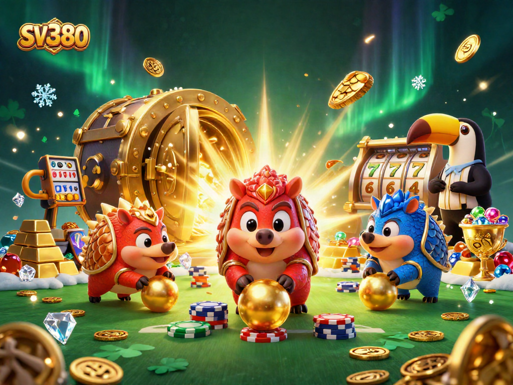 Spin the slots with SV380 featuring rival pangolins rolling poker chips in a dazzling casino showdown.