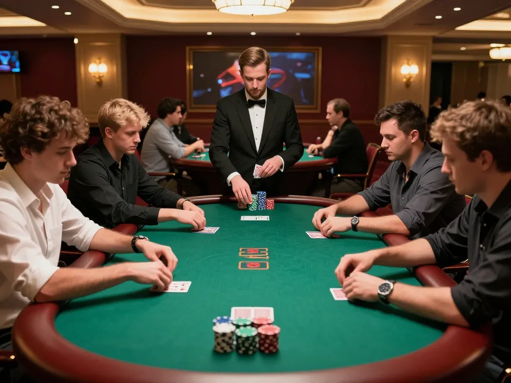 Nohu90 poker players deeply focused on strategic gameplay at an upscale casino.