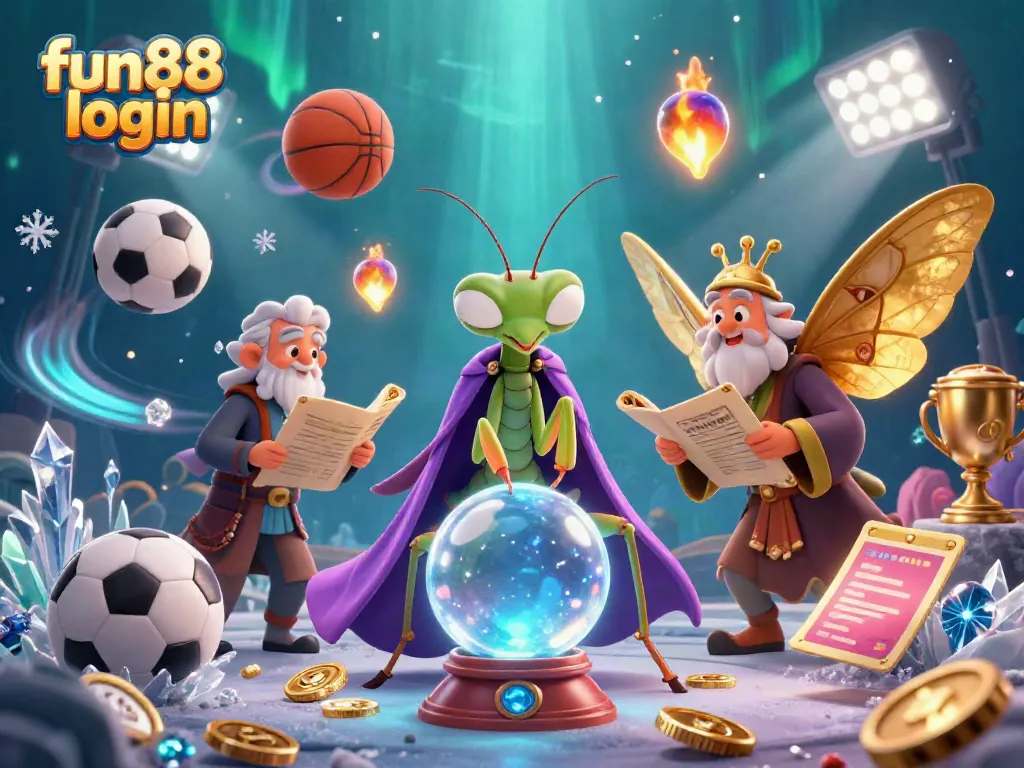 Join the fun88 login scene featuring a whimsical fortune teller and sports elements in vibrant 3D illustration.