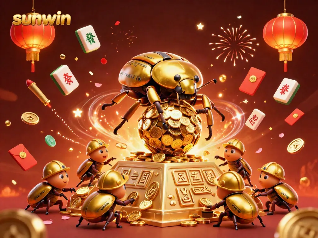 Experience the excitement of sunwin through a colorful 3D casino scene with golden beetles and festive elements.