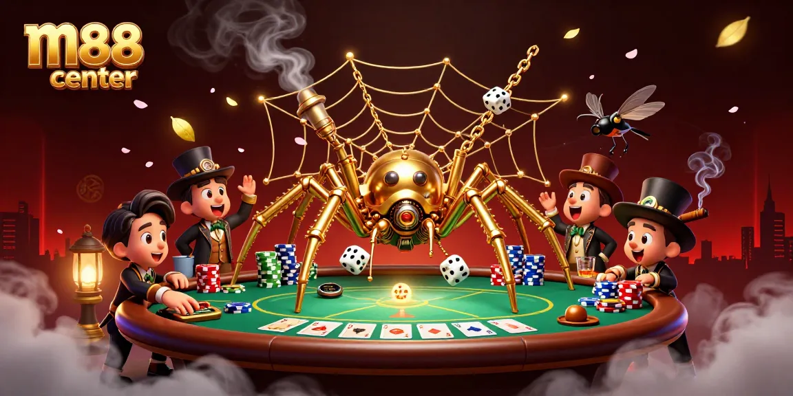 M88 center brings a vibrant scene with a steampunk spider, poker elements, and a web of chance, captivating players.