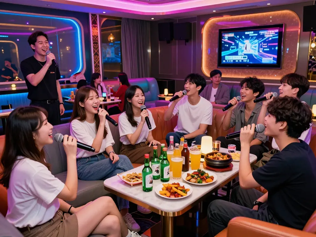 활기찬 개인 룸과 다채로운 LED 조명이 있는 3no.org/bupyeong의 스타일리시한 노래방 라운지에서 활기찬 밤문화를 즐기세요.