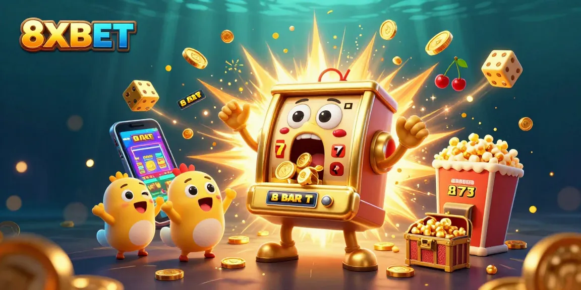 Watch 8XBET's golden slot machine celebrating a jackpot amidst sparkling coins and festive elements.