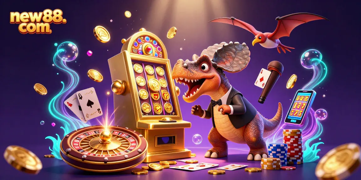 Experience the excitement on new88. com with a dinosaur-themed casino illustration featuring a jackpot win.