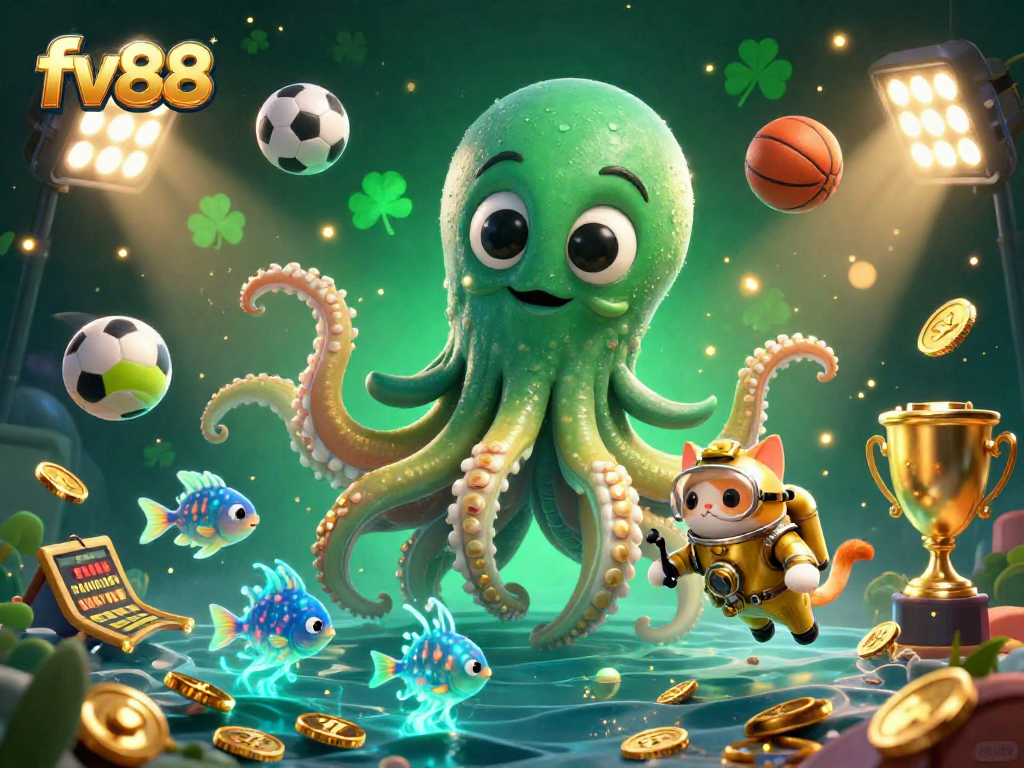 Engage in thrilling action at fv88 with a colossal kraken and diving cat amid a vibrant casino scene.