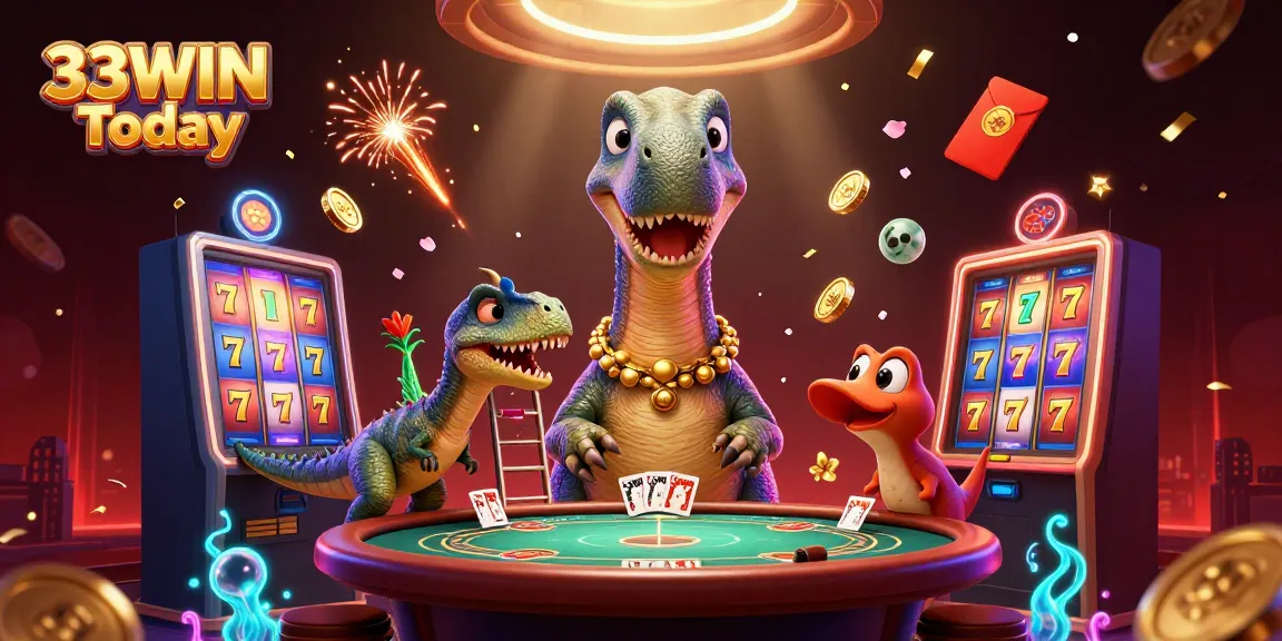 Experience thrilling gameplay with 33WIN Today’s vibrant casino scene showcasing slots, cards, and festive elements.