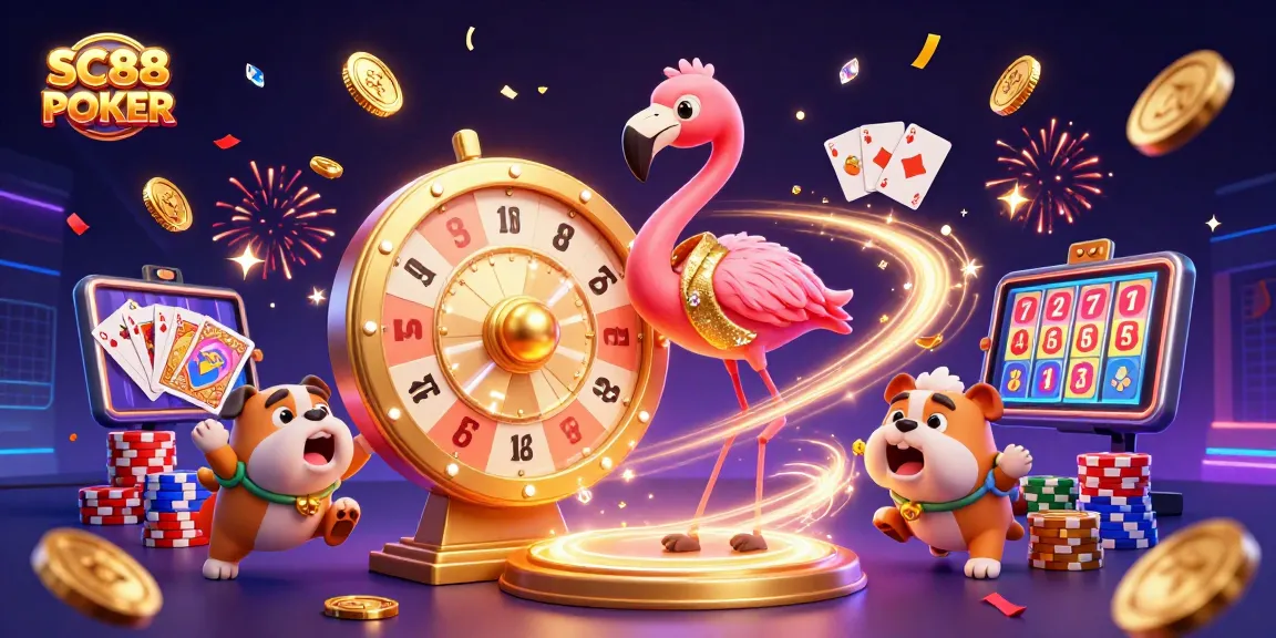 Experience the excitement of SC88 POKER with a vibrant 3D casino scene featuring animated characters and dynamic gambling elements.