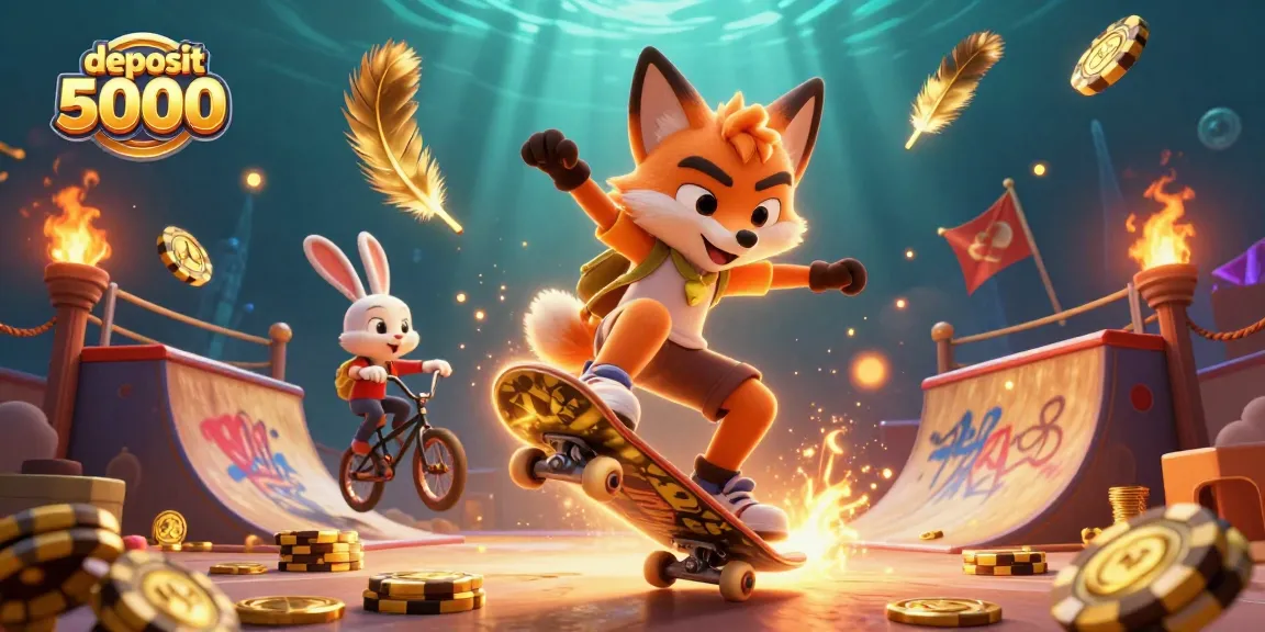 Win big with deposit 5000 at this dynamic casino scene featuring a skateboarder fox and BMX rabbit.