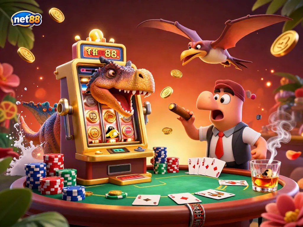 Experience the thrill of net88 with a cartoon dinosaur triggering a jackpot in a vibrant casino scene.