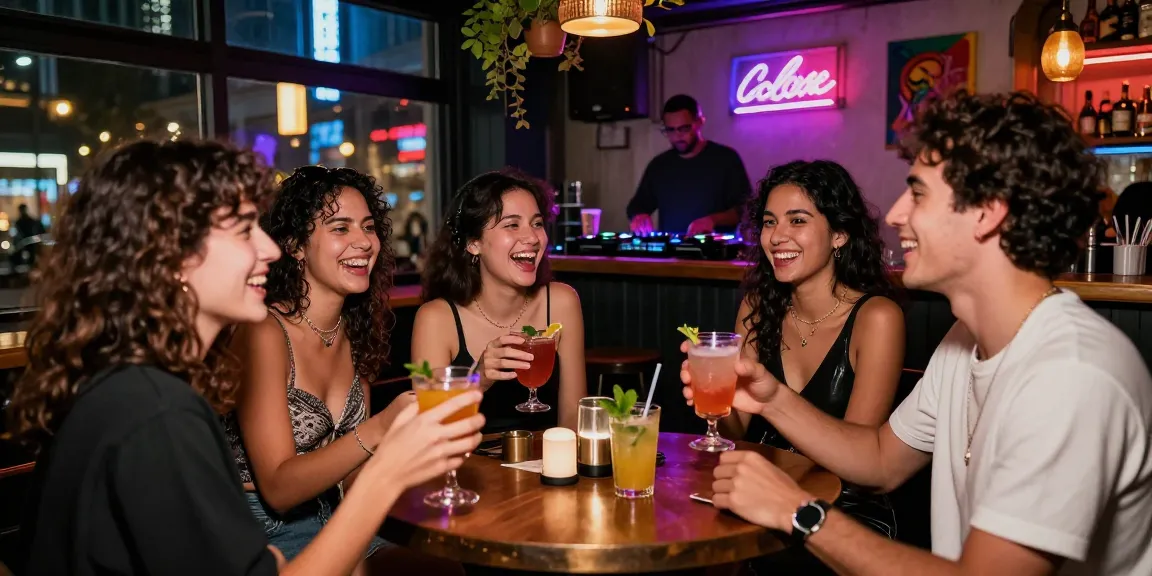 Gái gọi tận hưởng không khí sôi động ở quán bar hiện đại cùng bạn bè, thể hiện phong cách thời trang trẻ trung.