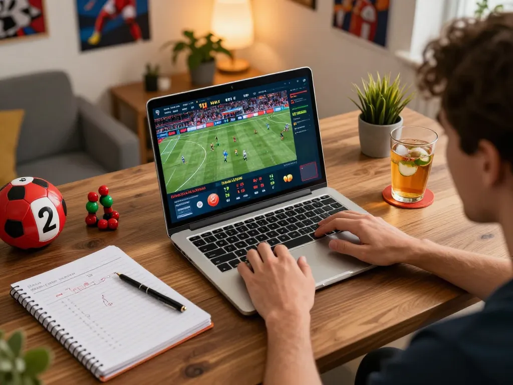 Engaging online sports betting scene showcasing kèo nhà cái 88 and real-time betting excitement in a cozy home office.