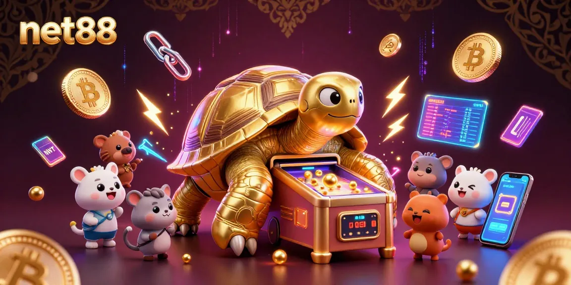 Experience thrills at net88 with a vibrant 3D scene of crypto-themed casino fun and excitement.