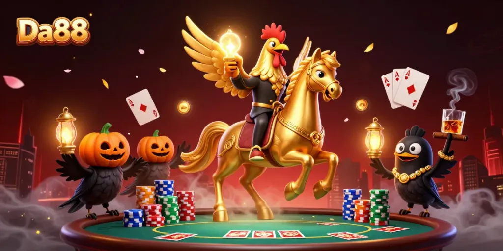 Experience the vibrant world of Da88 casino with a golden rooster in action against a lively gaming backdrop.
