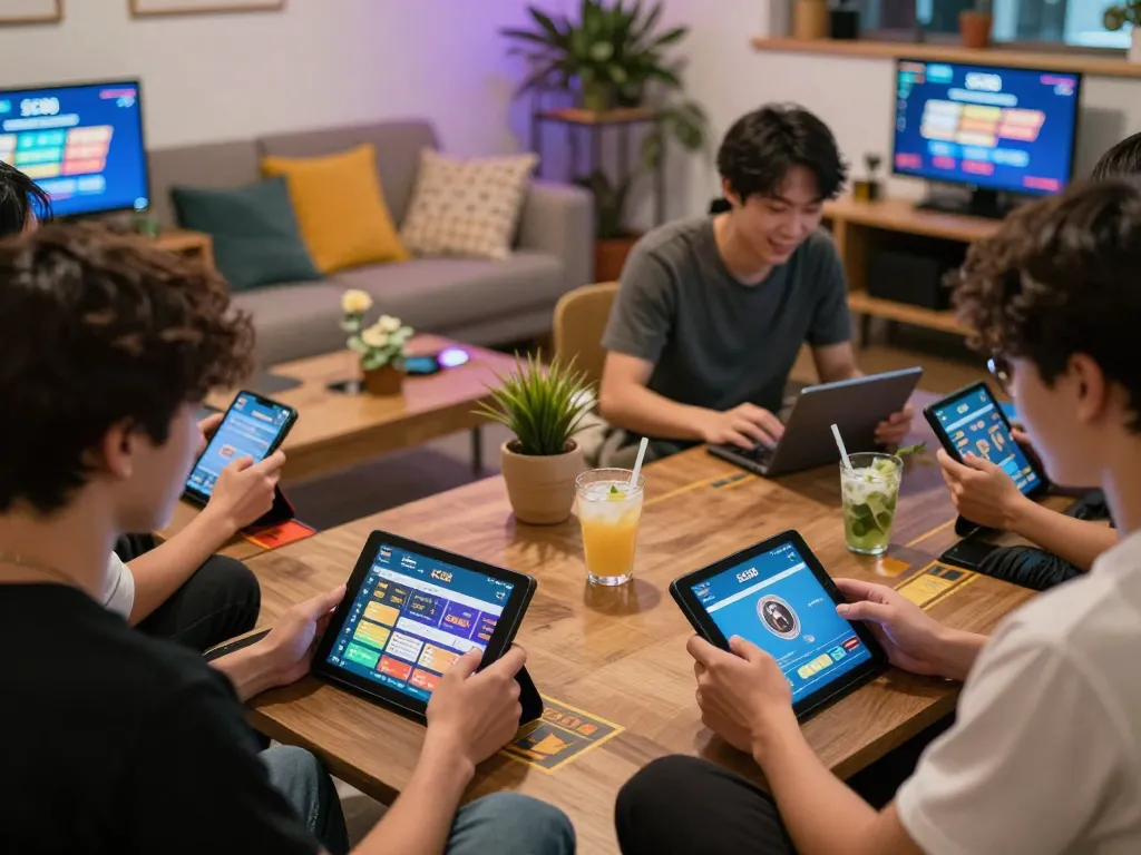 Players enjoying online gambling through the SC88 app, showcasing smartphone and tablet gameplay.