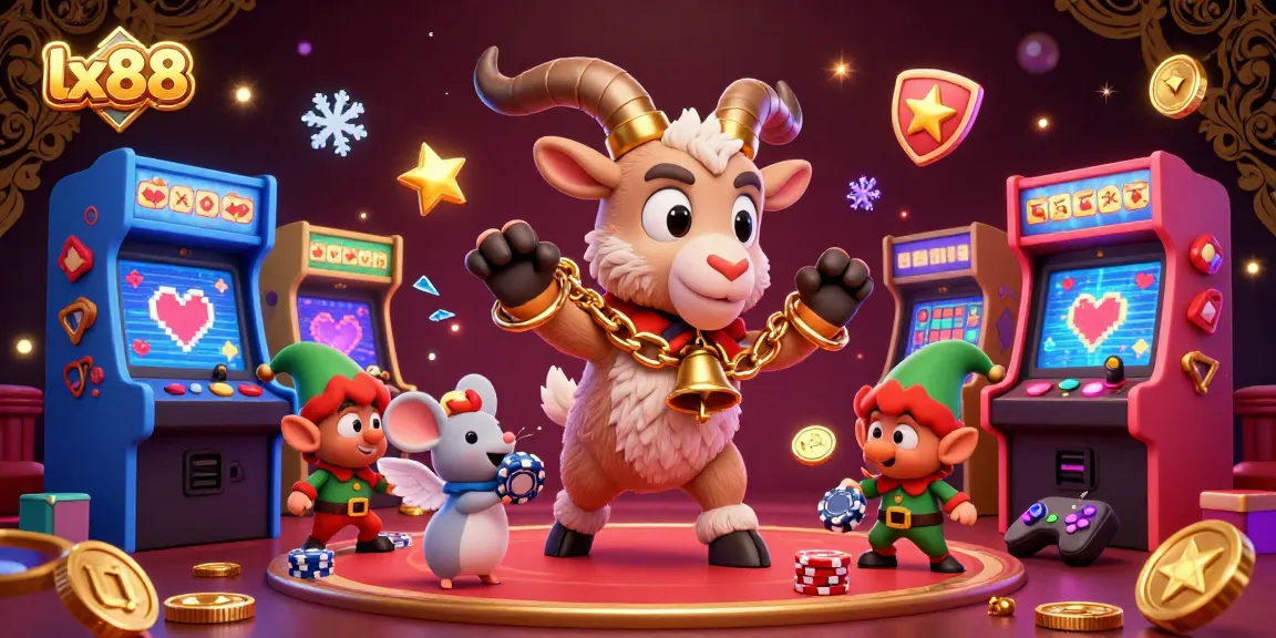 Experience thrilling gaming adventures at lx88 with engaging 3D cartoon characters in a festive casino scene.