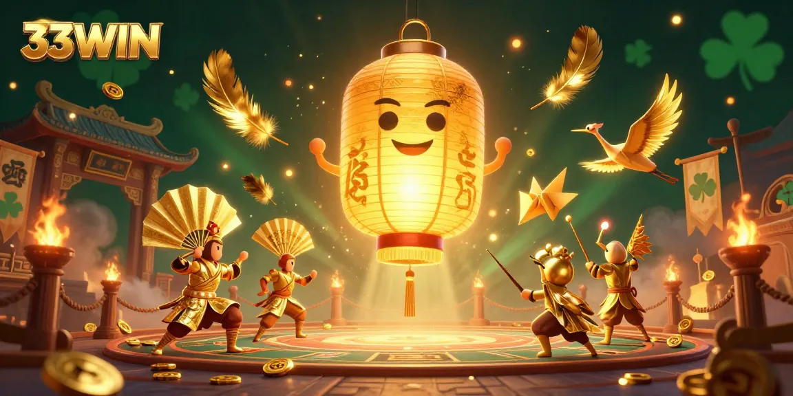 Engage with 33WIN's vibrant casino atmosphere, featuring a golden lantern spirit surrounded by dynamic elements.