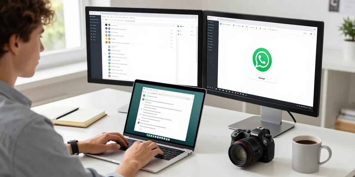 WhatsApp網頁版 desktop experience showcasing a young professional using WhatsApp Web in a bright office.