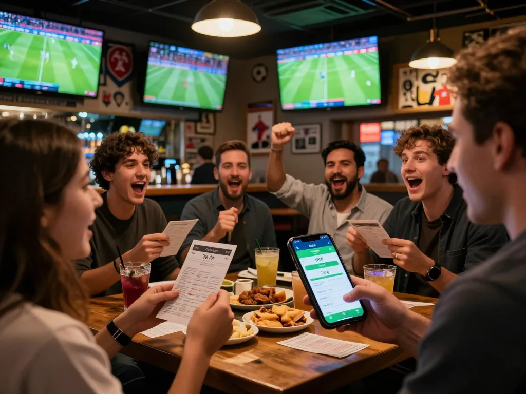 Fans enjoying live sports betting and using the 7m-7m app at a vibrant sports bar.