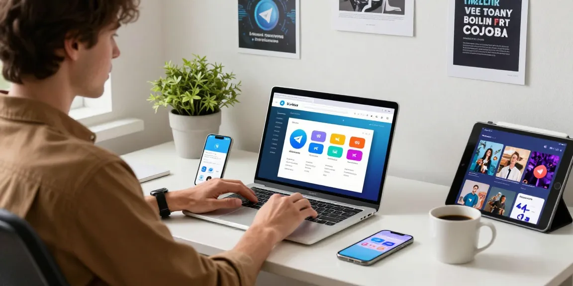 Accessing Telegram Web Version in a modern workspace, featuring a laptop with notifications and a bright atmosphere.