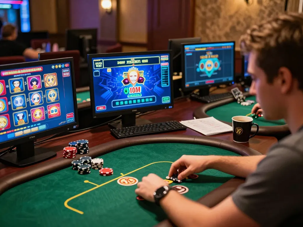 rokok88 rtp permainan dalam pengaturan kasino online yang mendalam menampilkan poker dan catatan strategi.