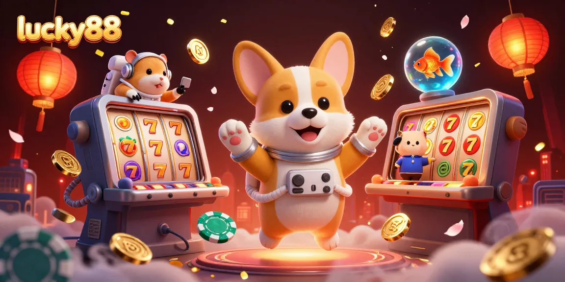 Experience lucky88 with a playful astronaut corgi in a vibrant casino space environment floating with exciting casino elements.