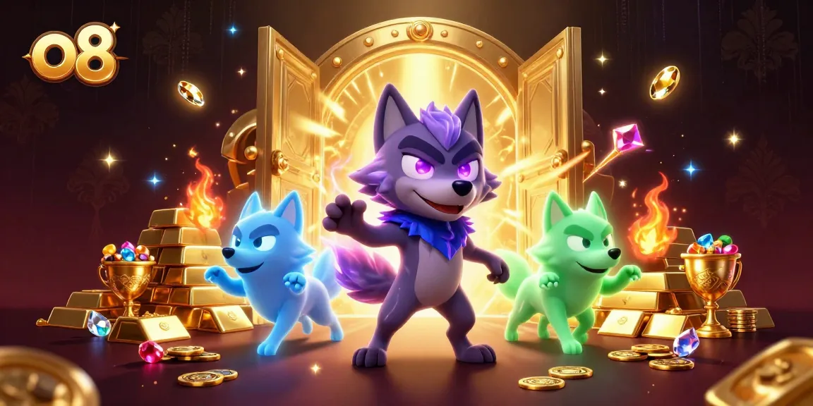 Engage with thrilling o8 game elements featuring glowing wolves, treasures, and rich casino visuals.