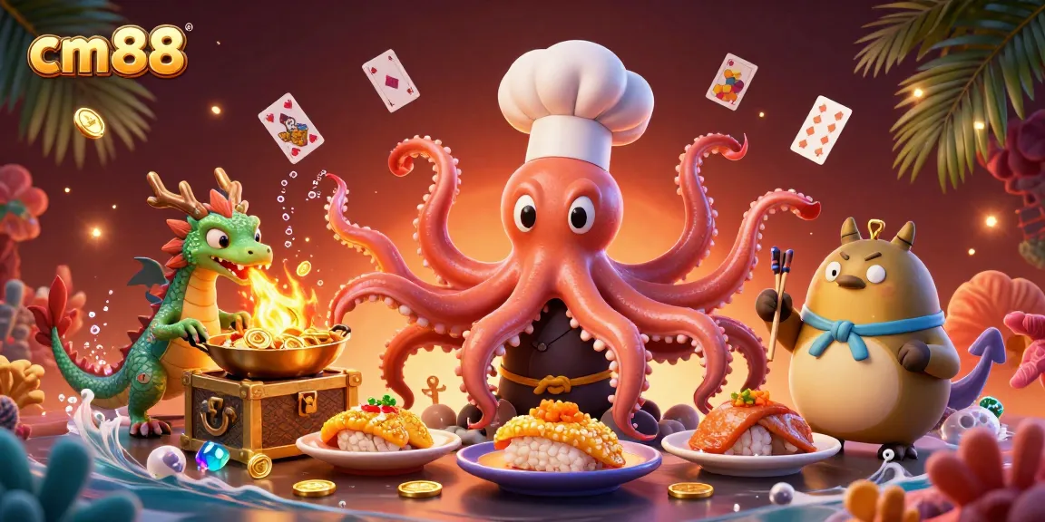Experience exciting moments at cm88 with a dynamic 3D casino scene featuring animated characters and treasures.