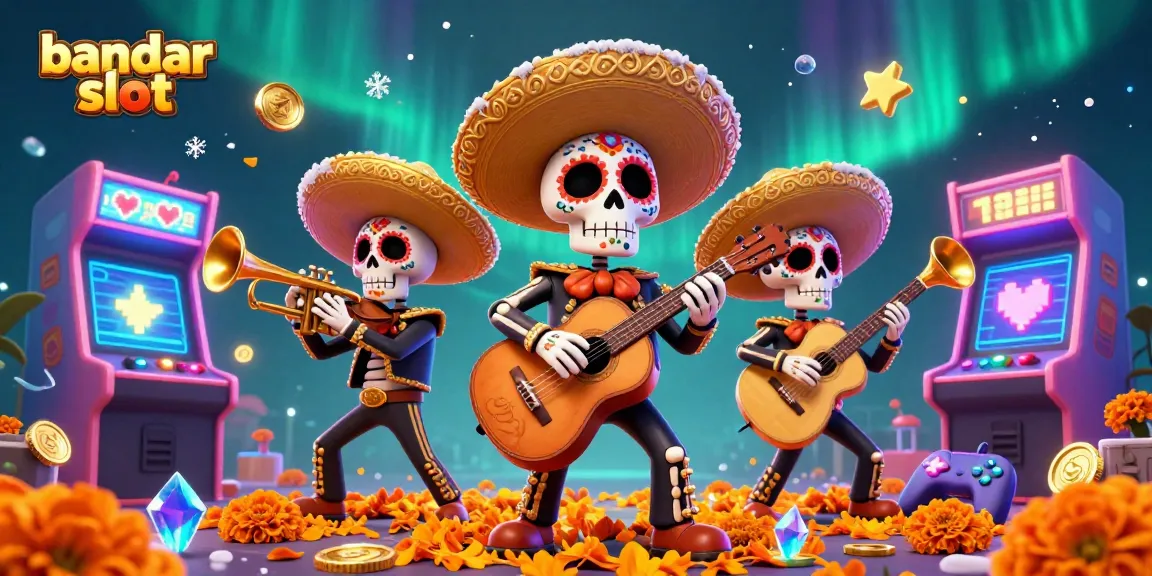 Experience the excitement of bandar slot with a vibrant mariachi band amidst colorful gaming elements.