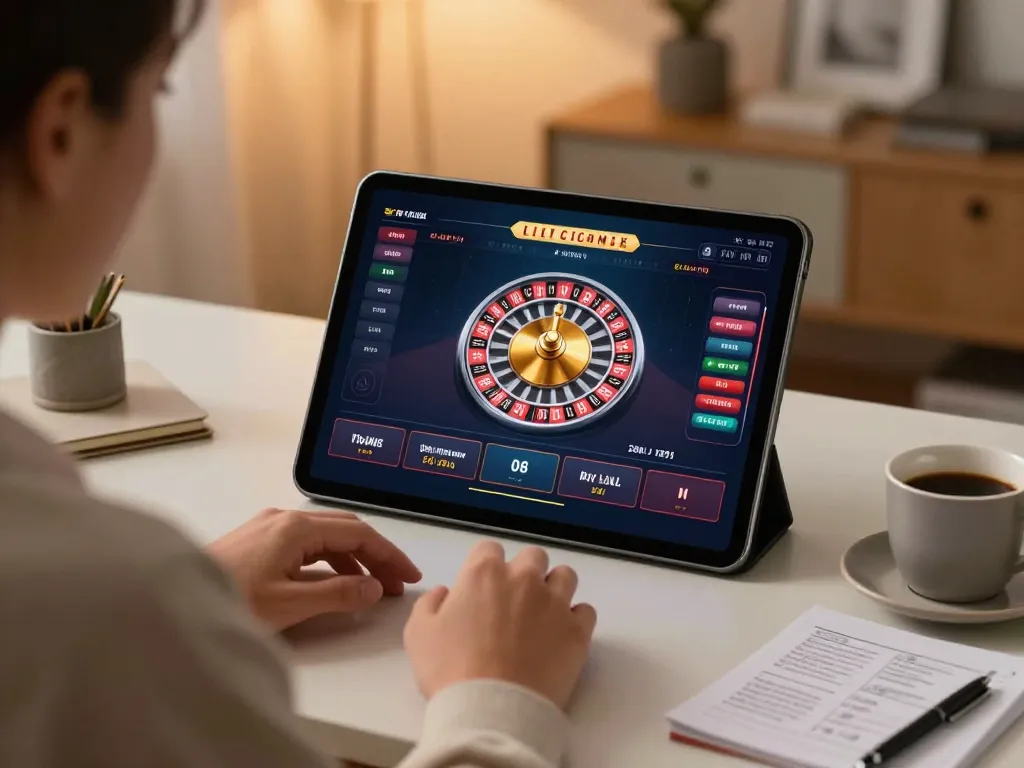Player engaged in online casino gaming at home using net88 app on tablet with roulette table display.