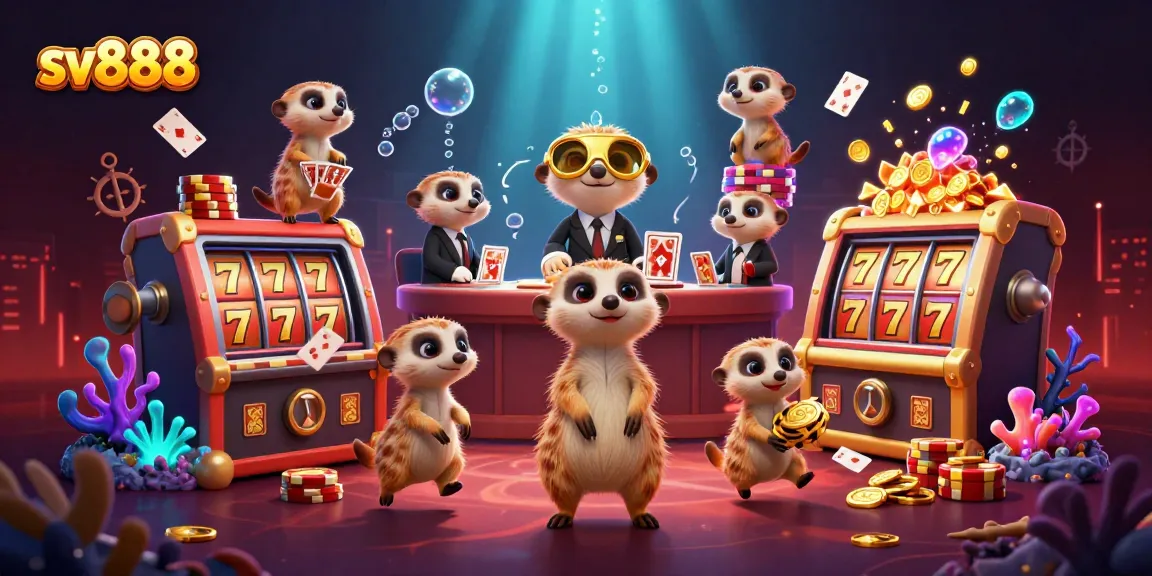 Engage in exciting gameplay at sv888 with meerkats running a vibrant casino filled with slot machines and treasures.