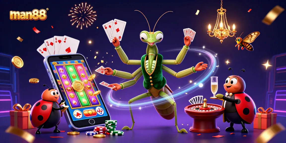 man88 offers a thrilling casino experience with animated characters in a vibrant 3D illustration.