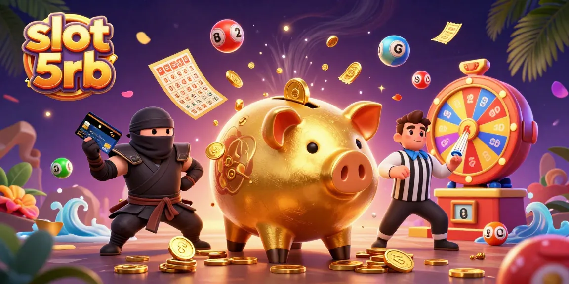 Experience thrilling slot 5rb action with a golden piggy bank sumo wrestler amidst vibrant prizes.