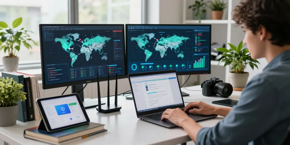 快连 VPN 應用程式在現代科技工作環境中的筆記型電腦上顯示，周圍有多個螢幕和綠化植物。