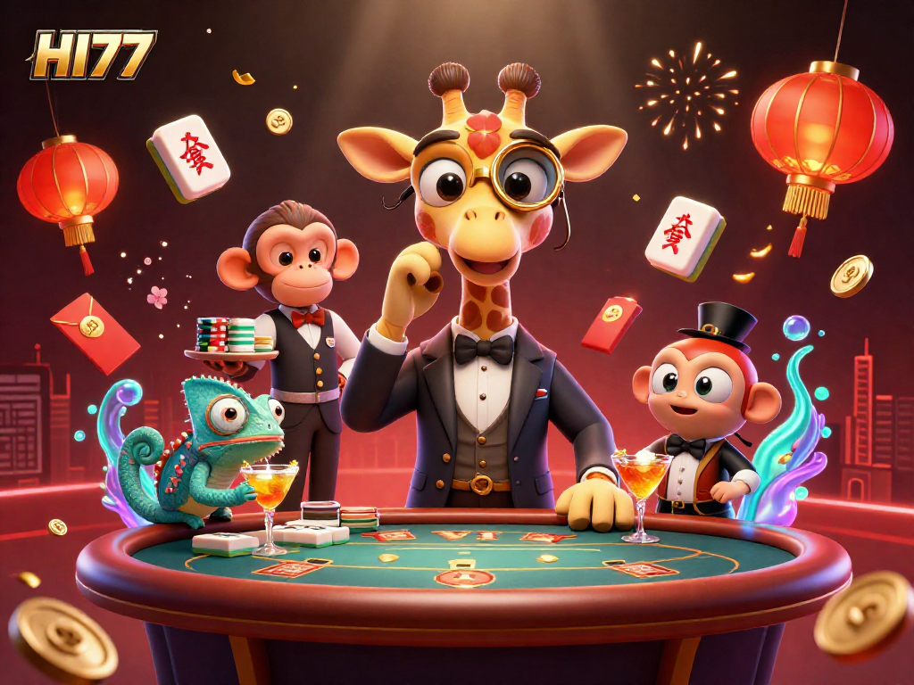 Experience the thrilling action at HI77 with a 3D gambling scene showcasing high-stakes play and vibrant Chinese elements.
