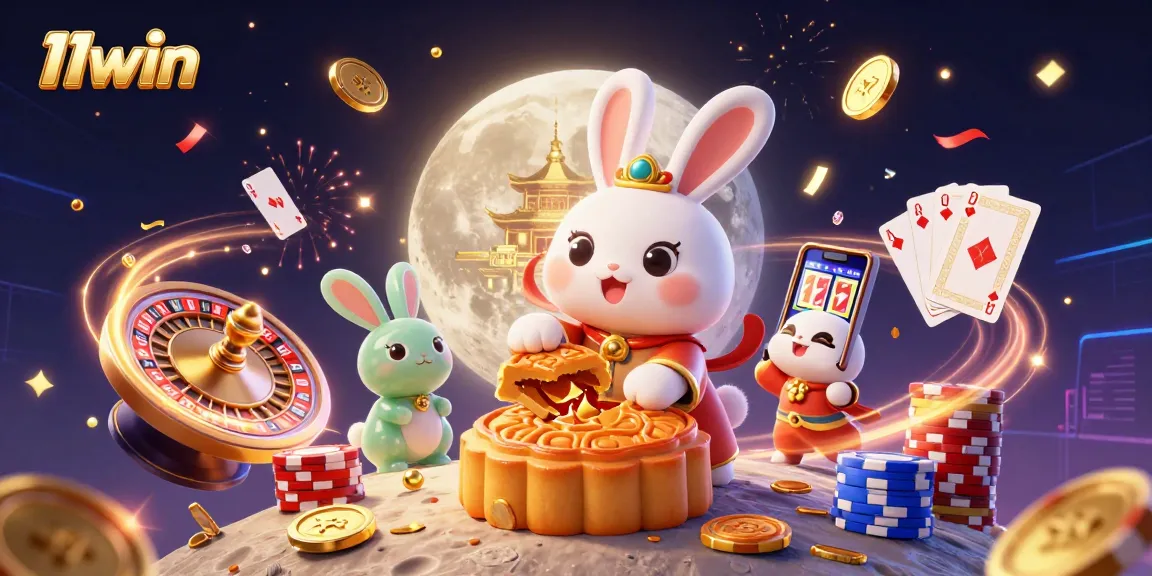 11win captures a vibrant moon rabbit scene with poker chips and a festive casino backdrop