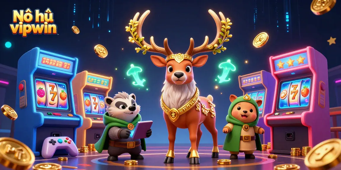 Nổ hũ vipwin showcases a dynamic 3D scene featuring a Celtic druid stag, wise badger, and gaming elements amid vibrant slot visuals.