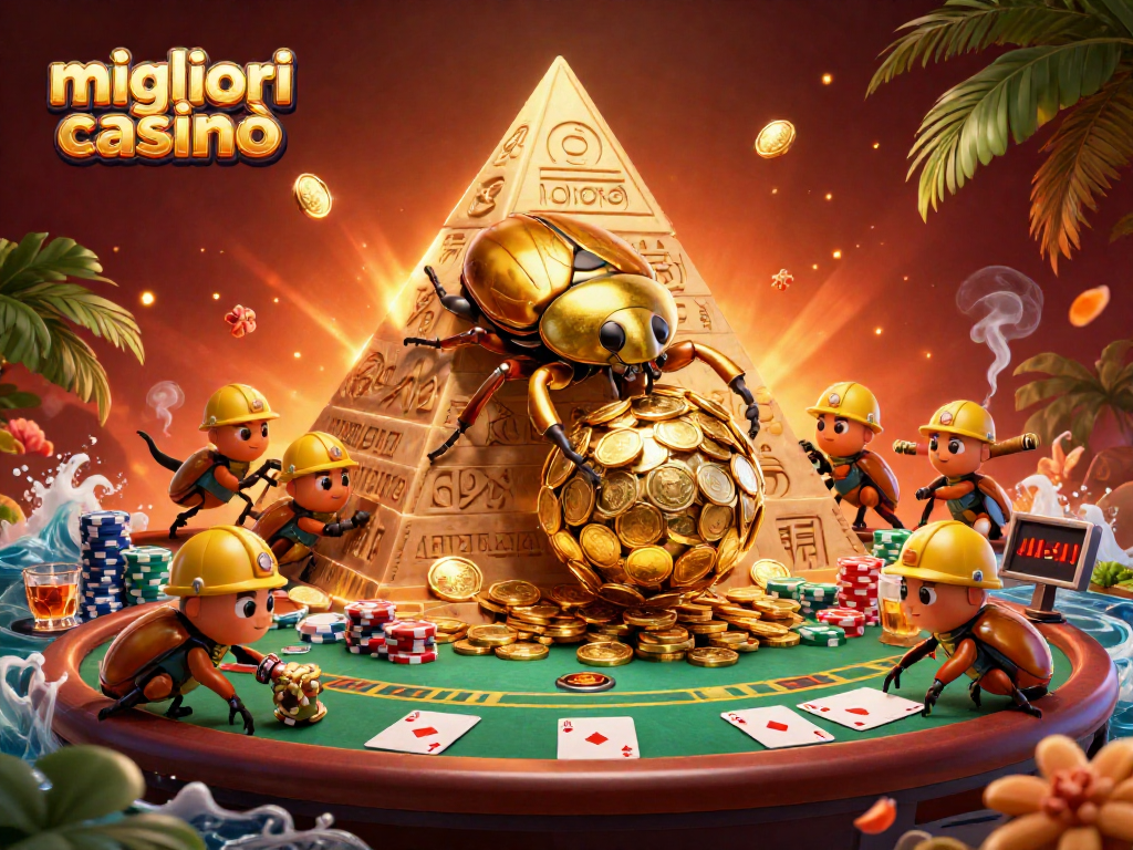 Scopri i migliori casinò online con il grande scarabeo d'oro che rotola monete e simboli di gioco.