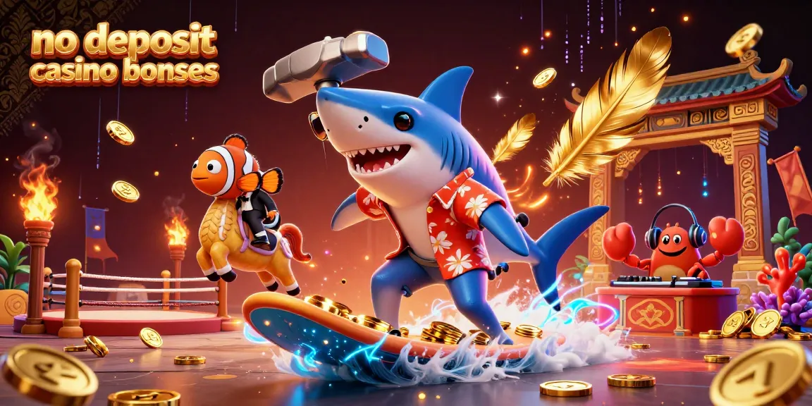 No deposit casino bonuses illustrated by a shark, clownfish, and crab in a vibrant ocean scene.