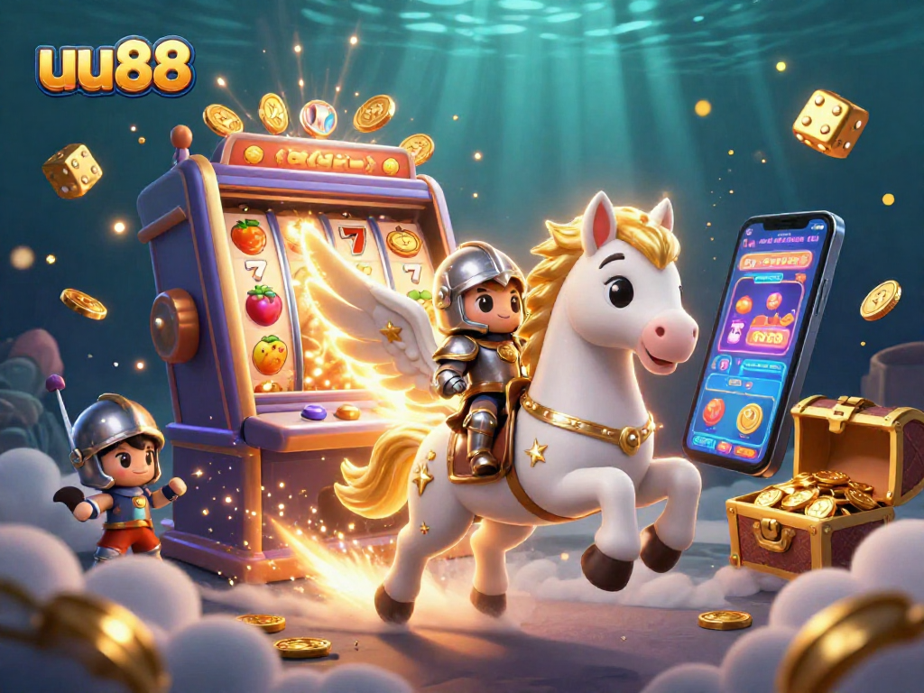 Experience thrilling wins with uu88 and a celestial knight in a vibrant casino world, featuring slot machines and rich graphics.
