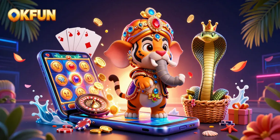 OKFUN brings vibrant casino excitement with colorful slot games and a majestic tiger.